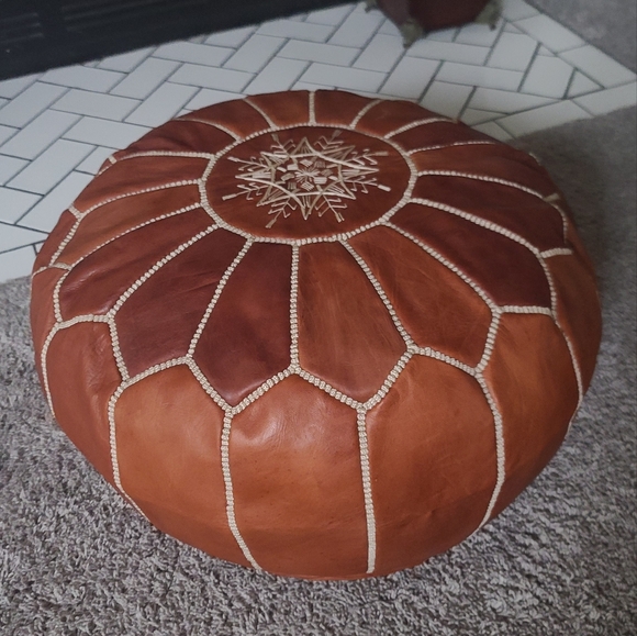 Brown Leather Pouf Ottoman - Picture 1 of 10